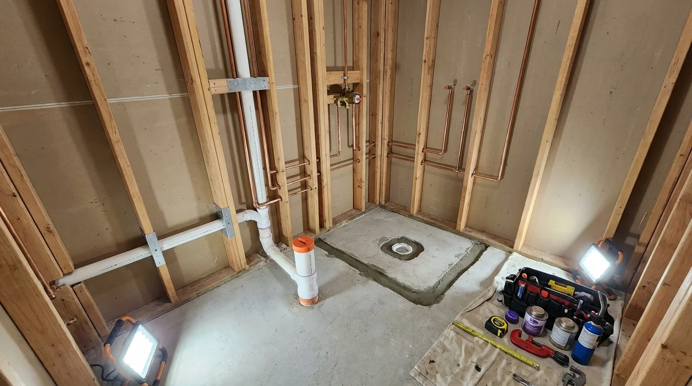Bathroom rough-in plumbing during remodel by Johns Plumbing LLC in Rusk