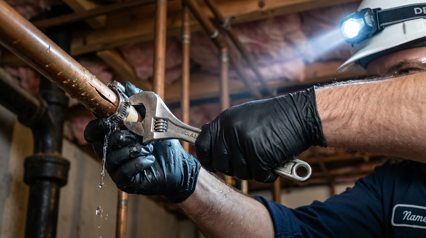 Emergency pipe clamp repair being performed by a Johns Plumbing LLC plumber in Rusk