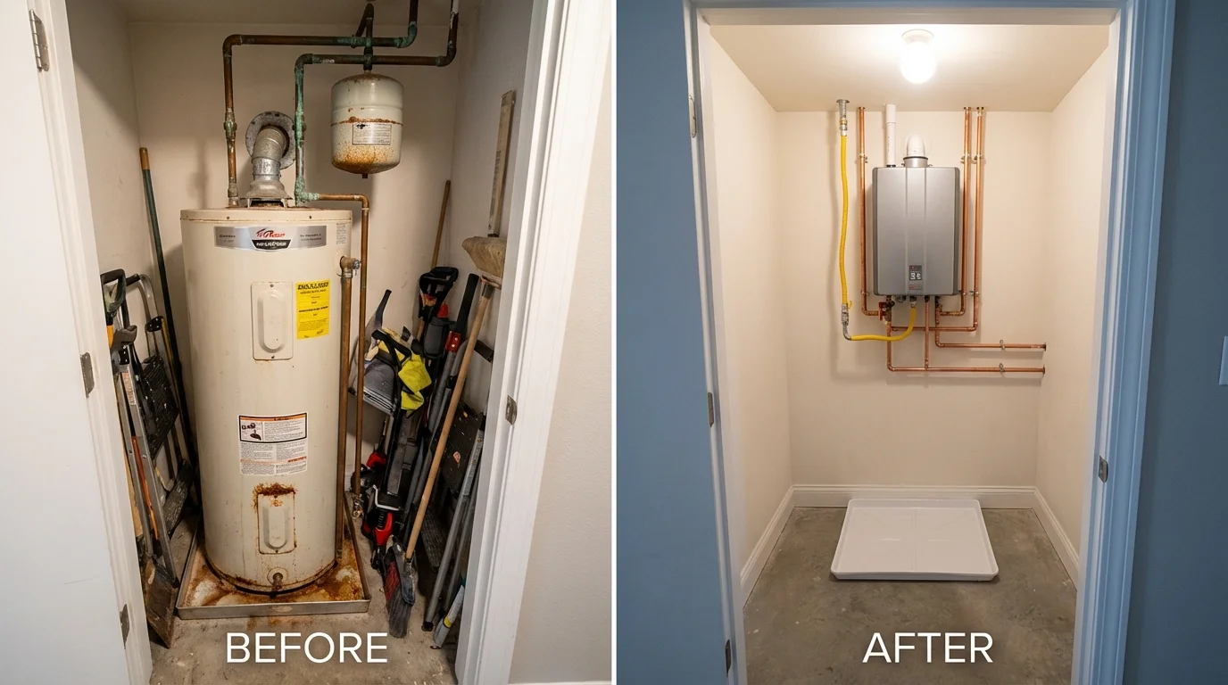 Tank water heater versus wall-mounted tankless unit comparison for Rusk, TX homeowners