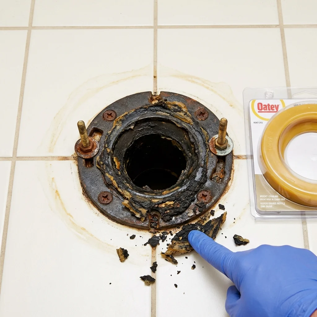 Failed wax ring showing water seepage at the base of a toilet in a Rusk, TX home