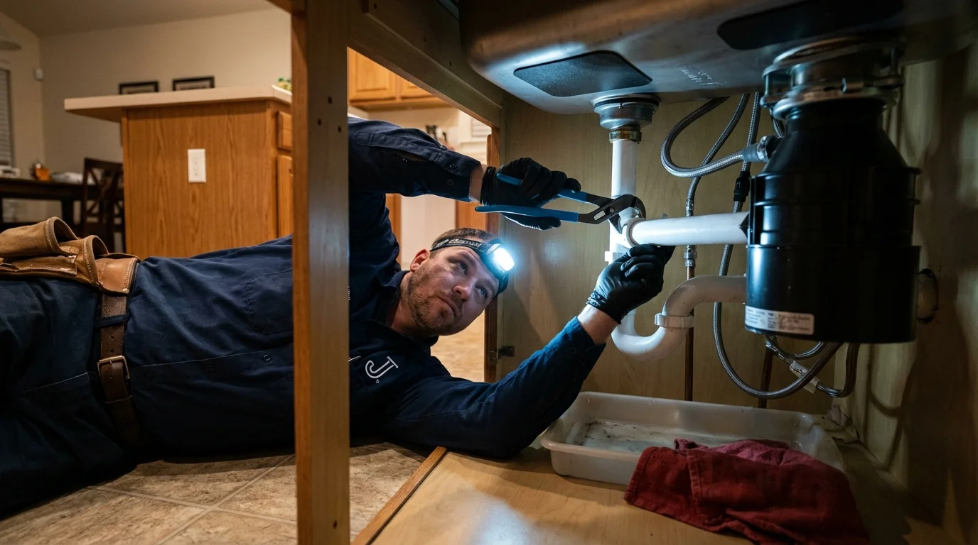 P-trap and supply line connections under a kitchen sink showing a common leak point in Rusk, TX